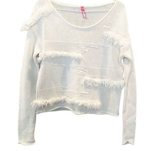 Plenty by Tracy Reese Scoop Neck Long Sleeve Jigsaw Fringe Sweater White Small